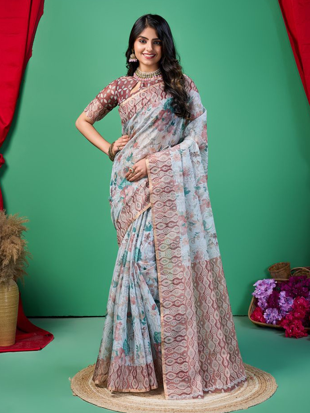 

Fashion FRICKS Floral Digital Printed Saree With Blouse Piece, Blue