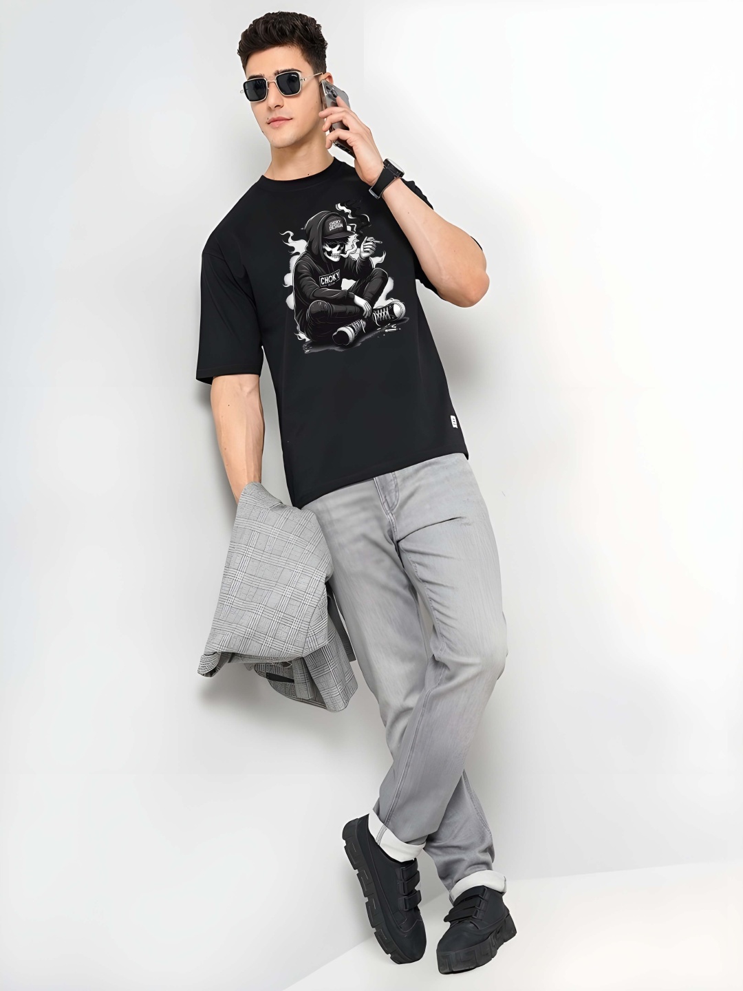 

Krimmple Men Graphic Printed Round Neck Cotton Oversized T-shirt, Black