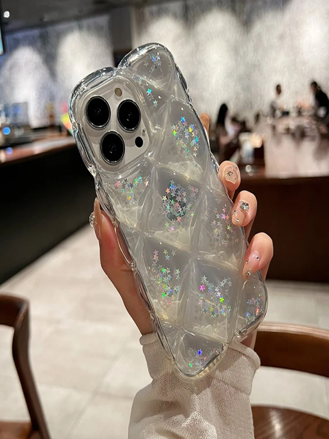 

Luxury Kase Lk131 Geometric iPhone 14 Pro Max Wavy Edge Shiny Glitter Star Case Back Case, Transparent
