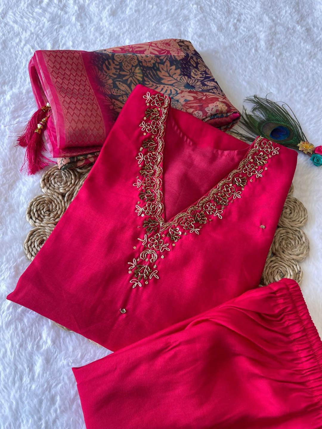 

XAYCRA CREATION Floral Yoke Design Beads Work Pure Silk Kurta With Pyjama & Dupatta, Pink