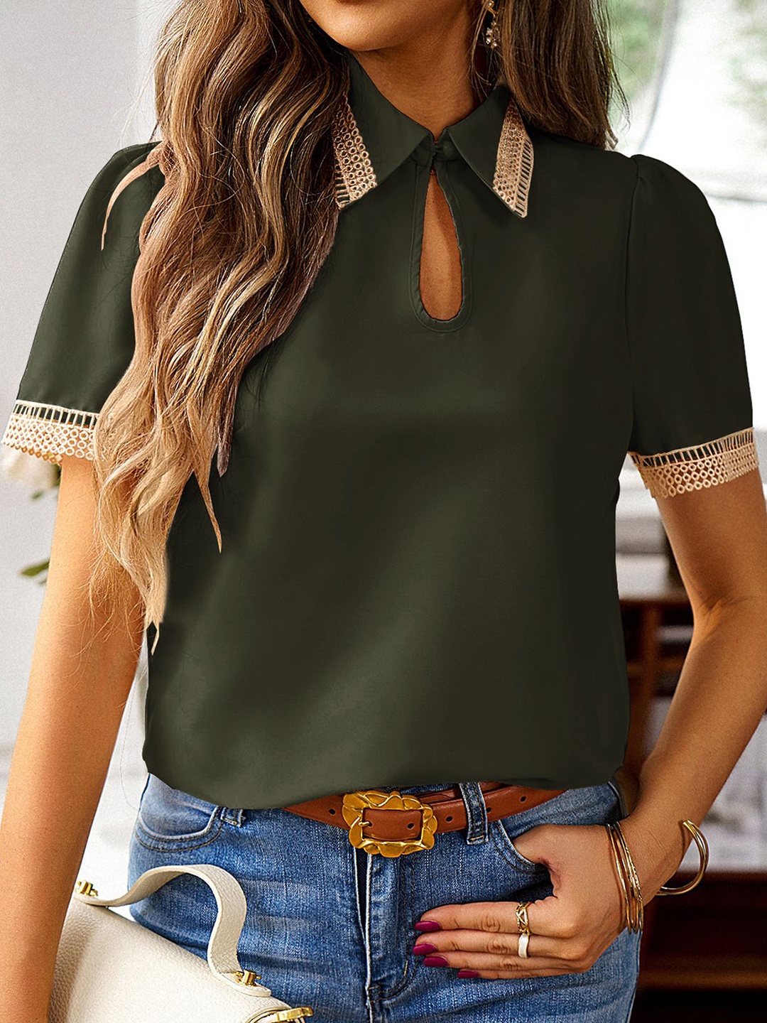 

StyleCast x Revolte Women Regular Fit Spread Collar Solid Casual Shirt, Green