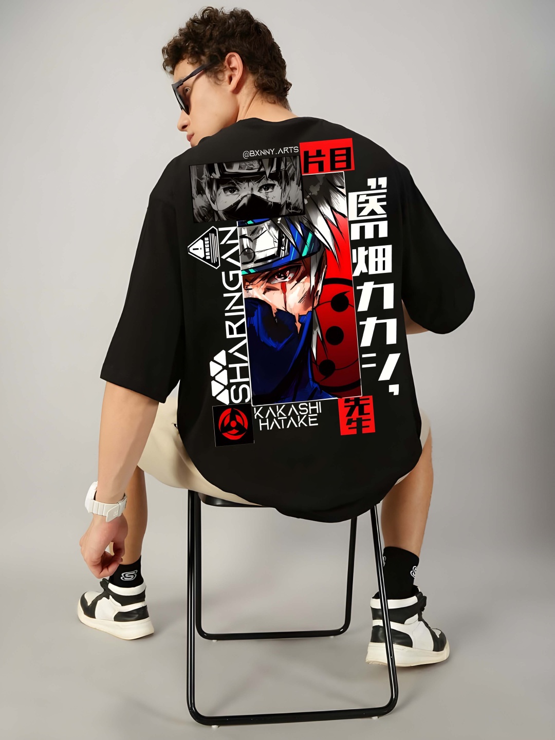 

Krimmple Men Naruto Graphic Printed Round Neck Cotton Oversized T-shirt, Black