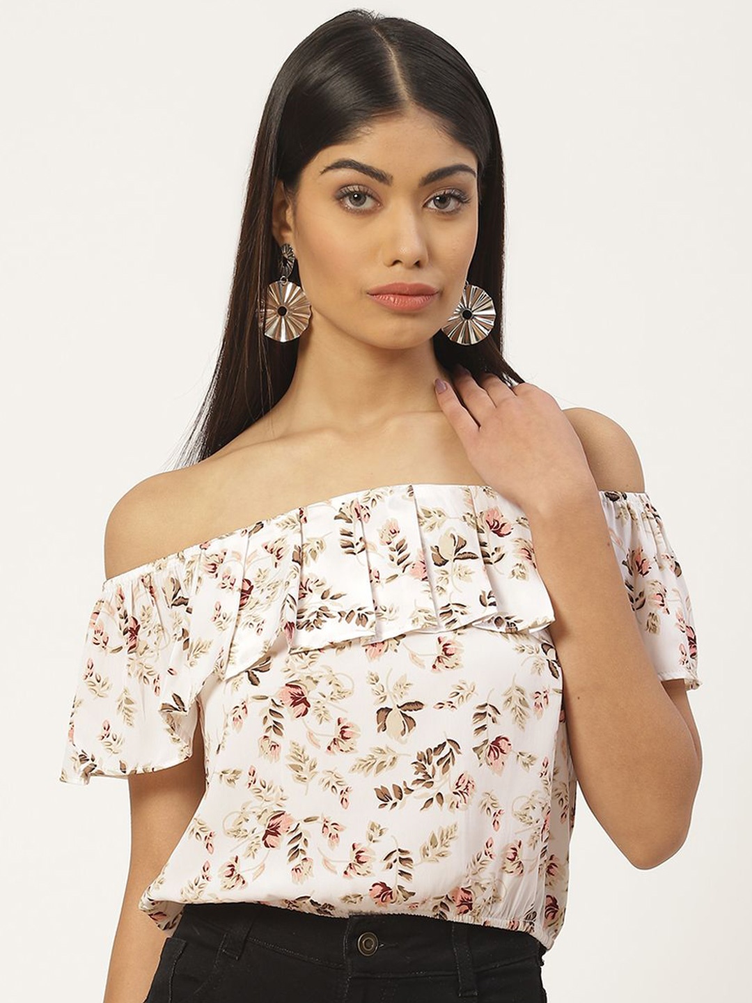 

Moda Rapido Floral Print Off-Shoulder Flared Sleeve Layered Blouson Crop Top, Cream