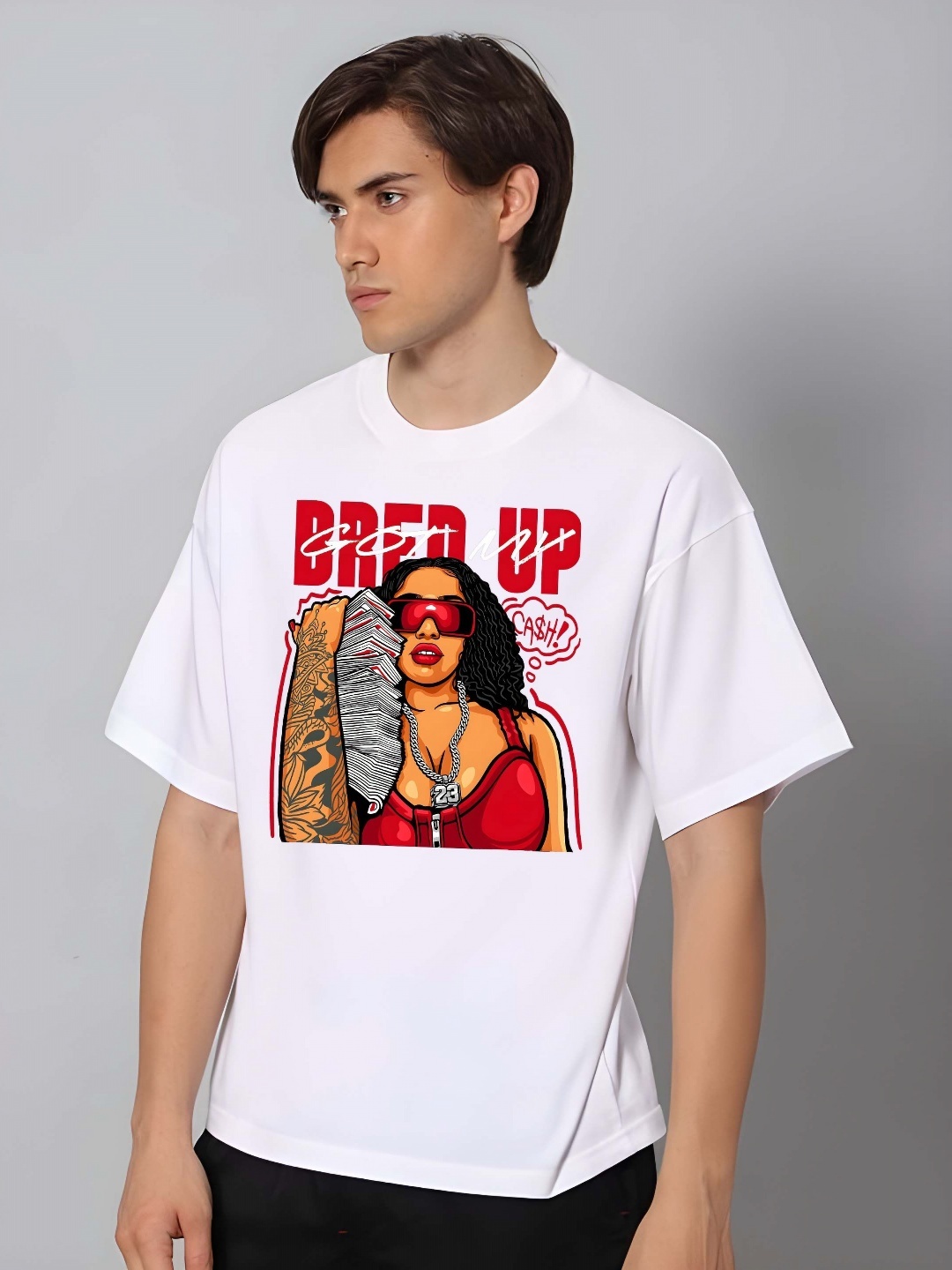 

BOWLIFESTYLE Men Graphic Printed Round Neck Cotton Oversized T-shirt, White