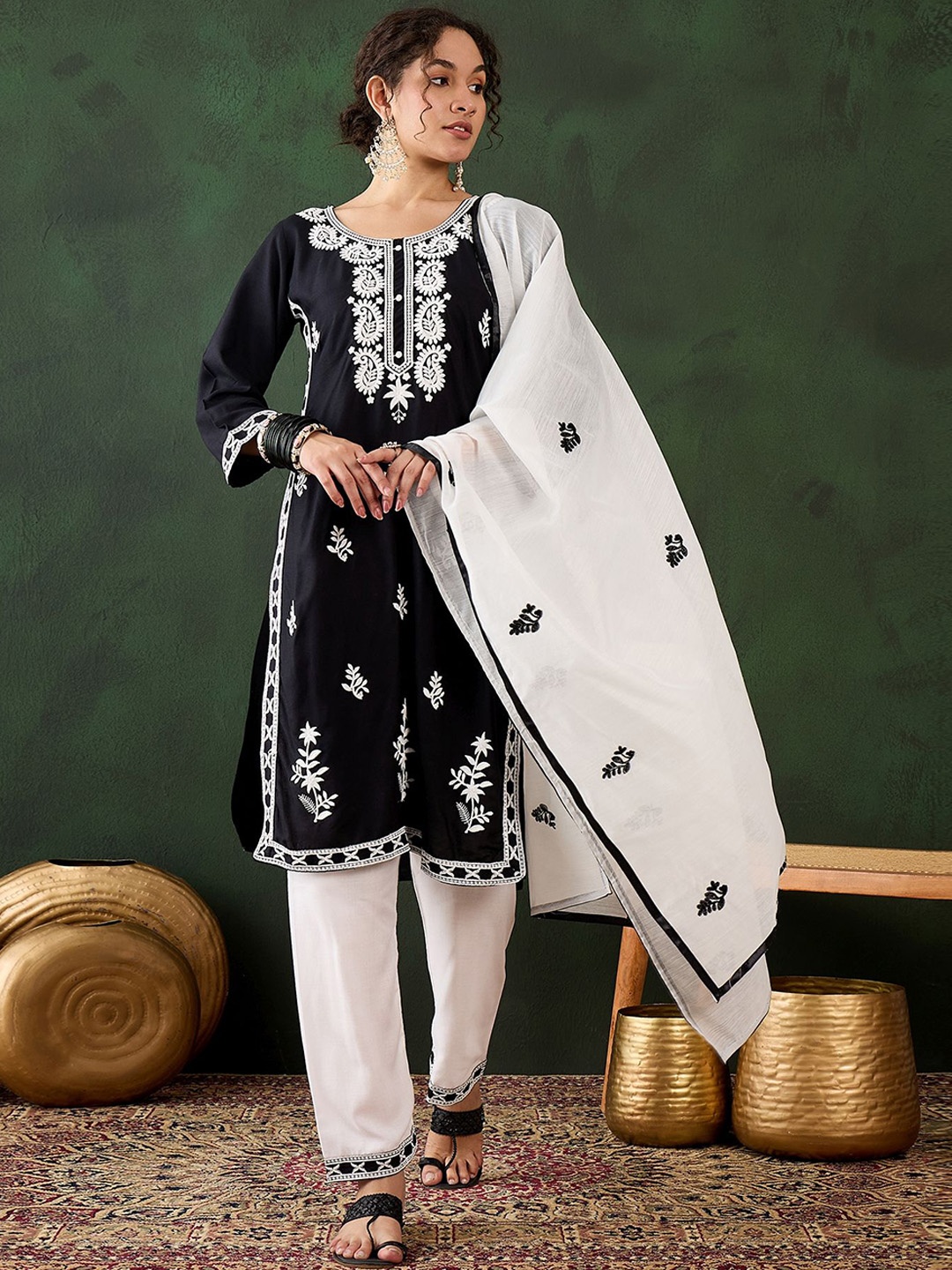 

KIMISHA Floral Embroidered Chikankari Straight Kurta with Trousers & Dupatta, Black