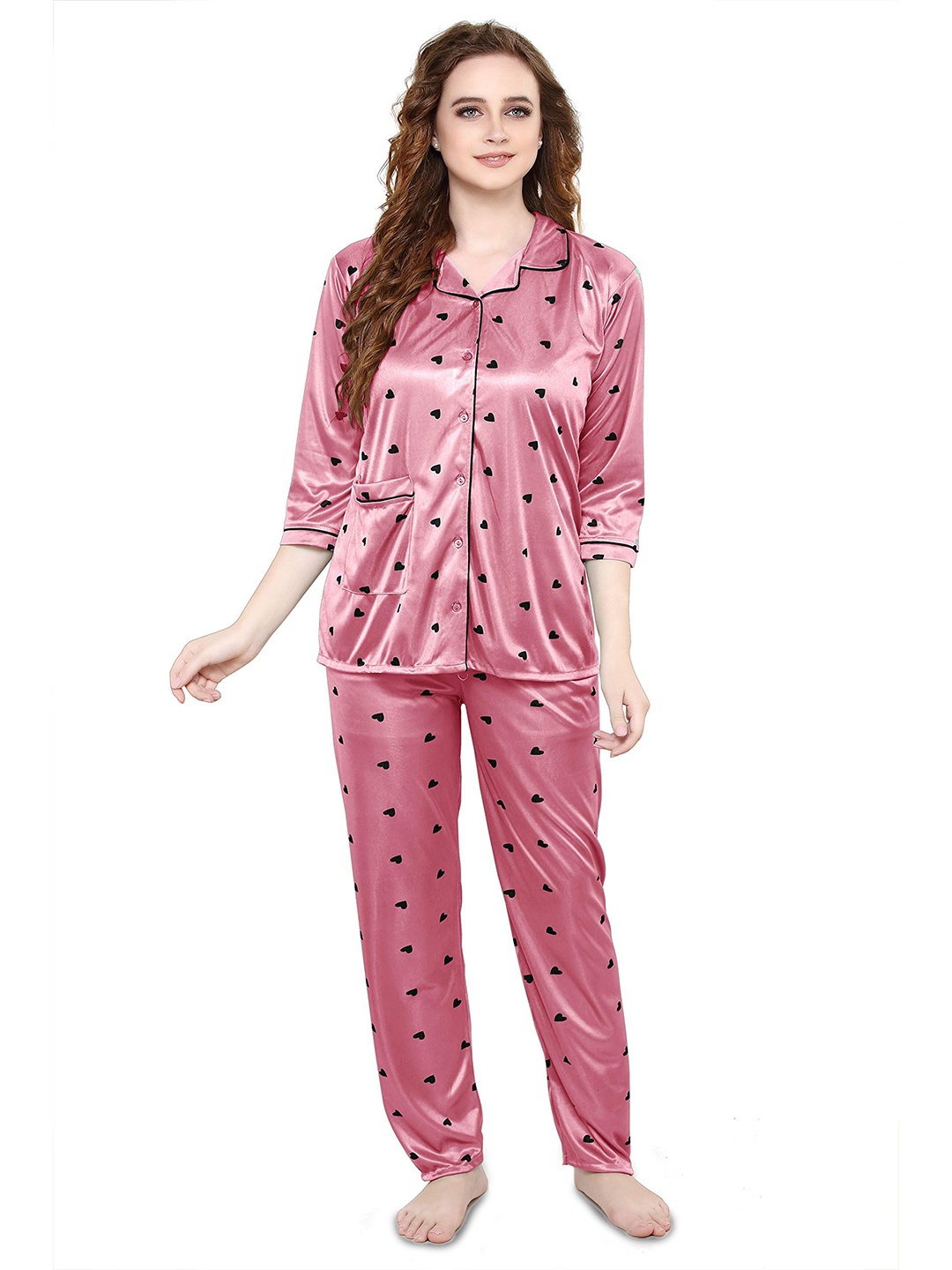 

TIGYWIGY Women Printed Satin Nightsuit, Pink