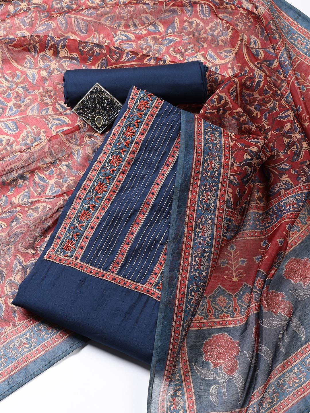 

Meena Bazaar Floral Embroidered Unstitched Dress Material, Navy blue