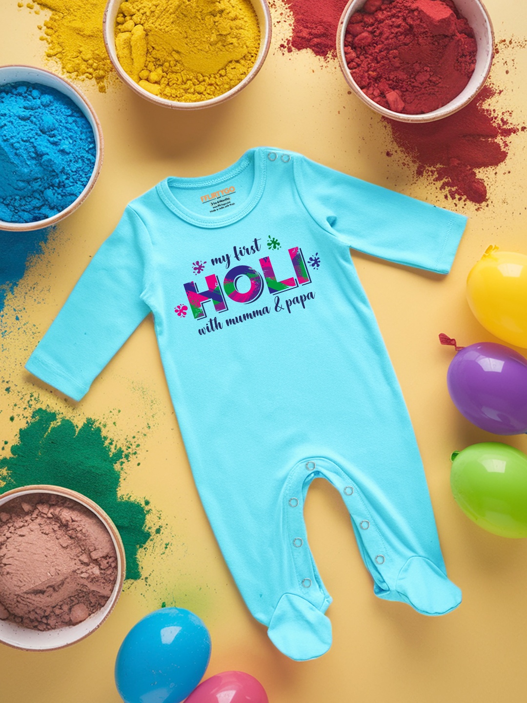 

FFLIRTYGO Infants Holi Printed Pure Cotton Sleepsuit, Turquoise blue