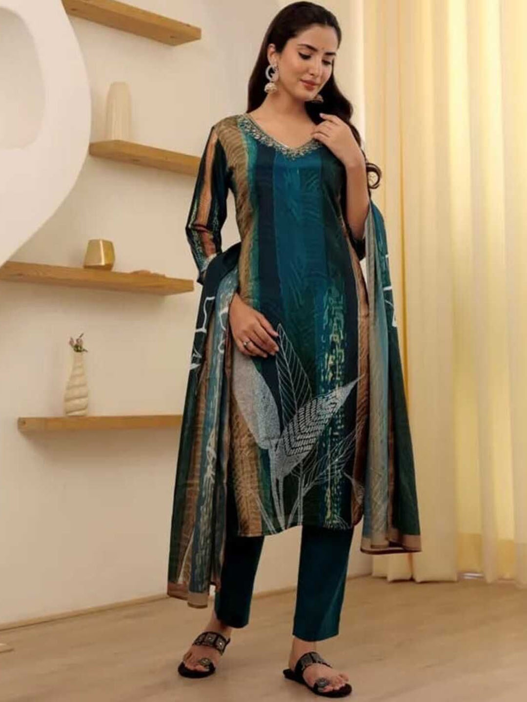 

KALINI Floral Printed V-Neck Straight Kurta With Trousers And Dupatta, Turquoise blue