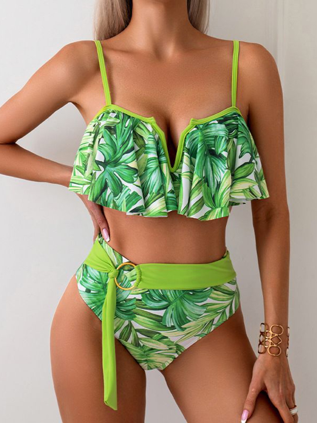 

Plus Curvves Women Printed Shoulder Straps Swim Bikini Set, Green