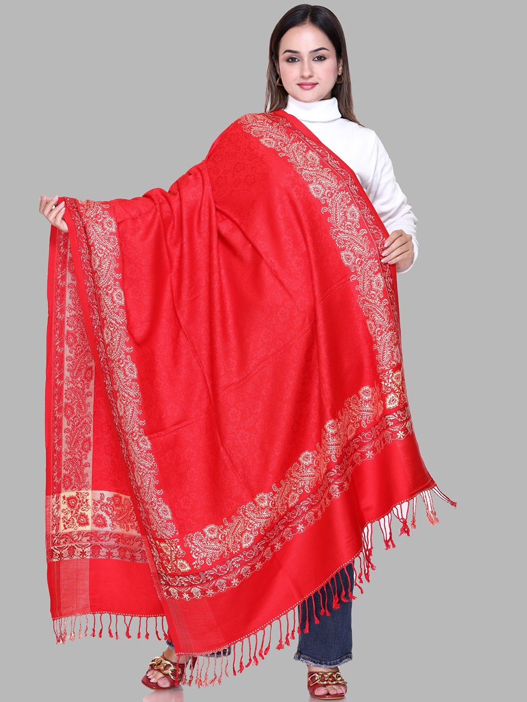 

Tones-N-Shades Floral Woven Design Woollen Shawl, Red