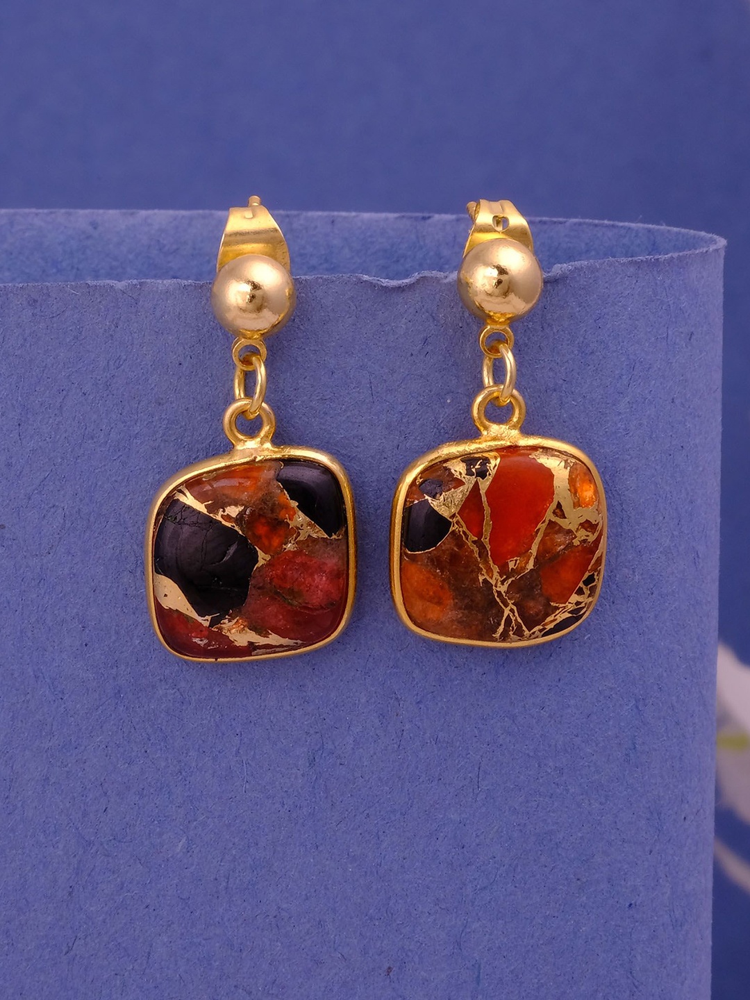 

EL JOYERO Carnelian Stones Studded Contemporary Shaped Drop Earrings, Gold
