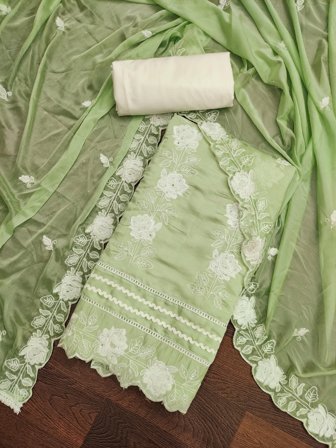 

Blissta Floral Embellished Unstitched Dress Material, Sea green