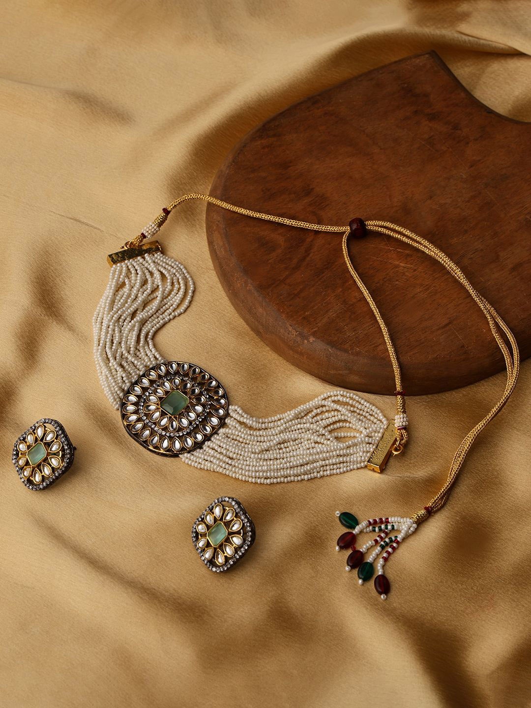 

PATOLA BY VJ Gold-Plated Stone-Studded & Beaded Jewellery Set