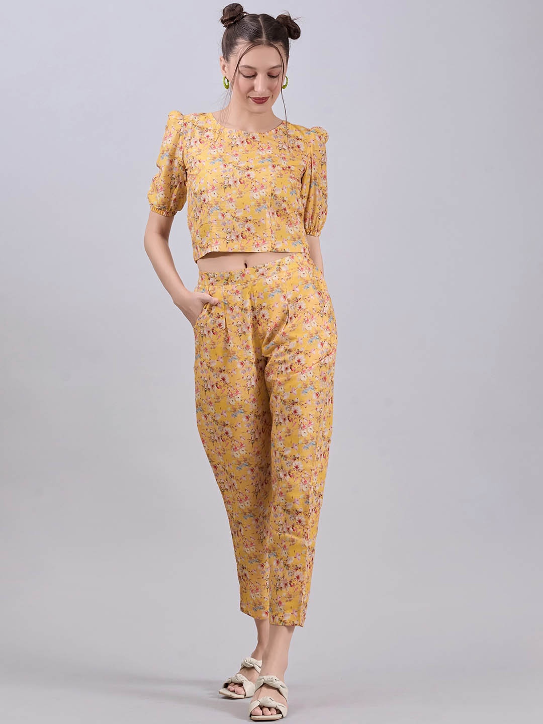 

Dressberry Mustard Floral Printed Round Neck Top With Trousers