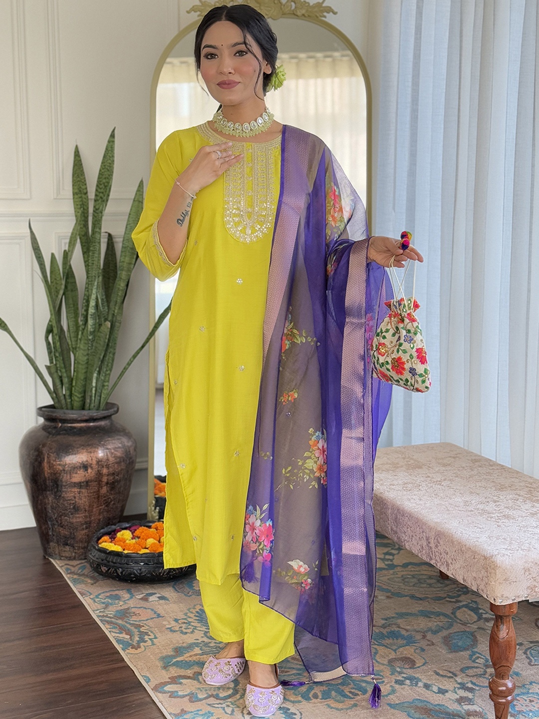 

Navlik Floral Embroidered Sequinned Straight Kurta With Trousers & Dupatta, Lime green