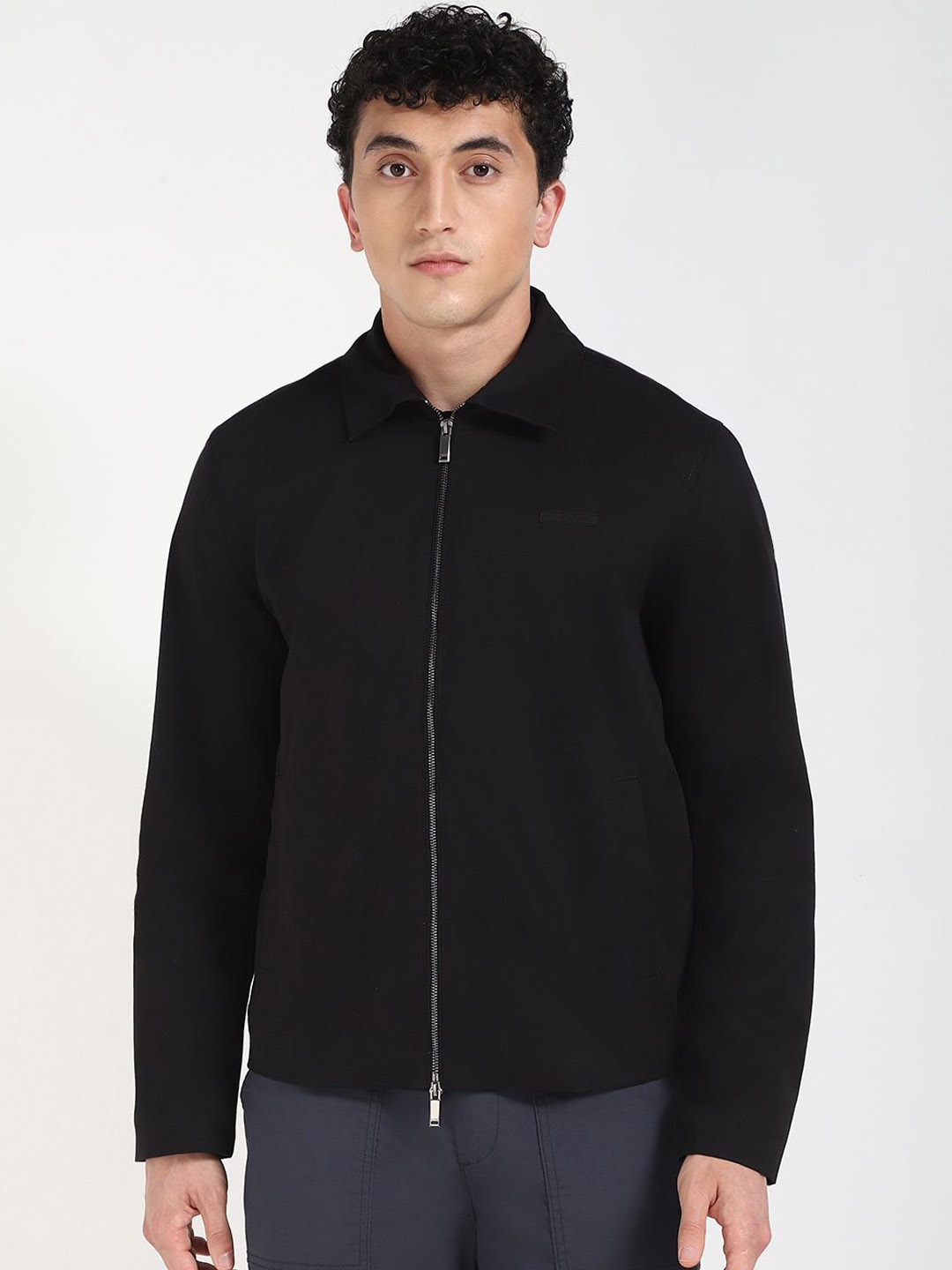 

Calvin Klein Men Spread Collar Solid Cotton Casual Bomber Jacket, Black