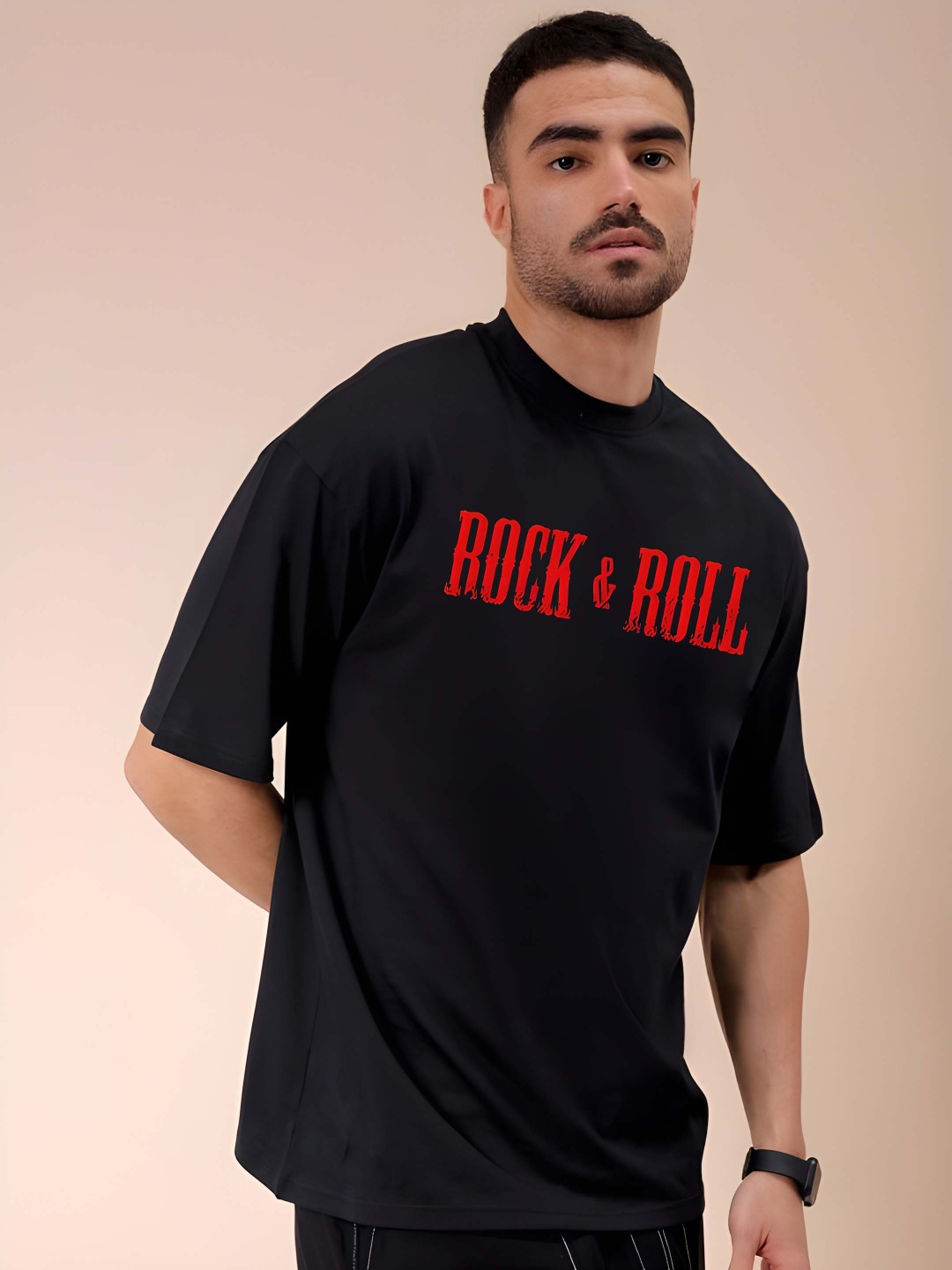 

Krimmple Men Typography Printed Round Neck Cotton Oversized T-shirt, Black