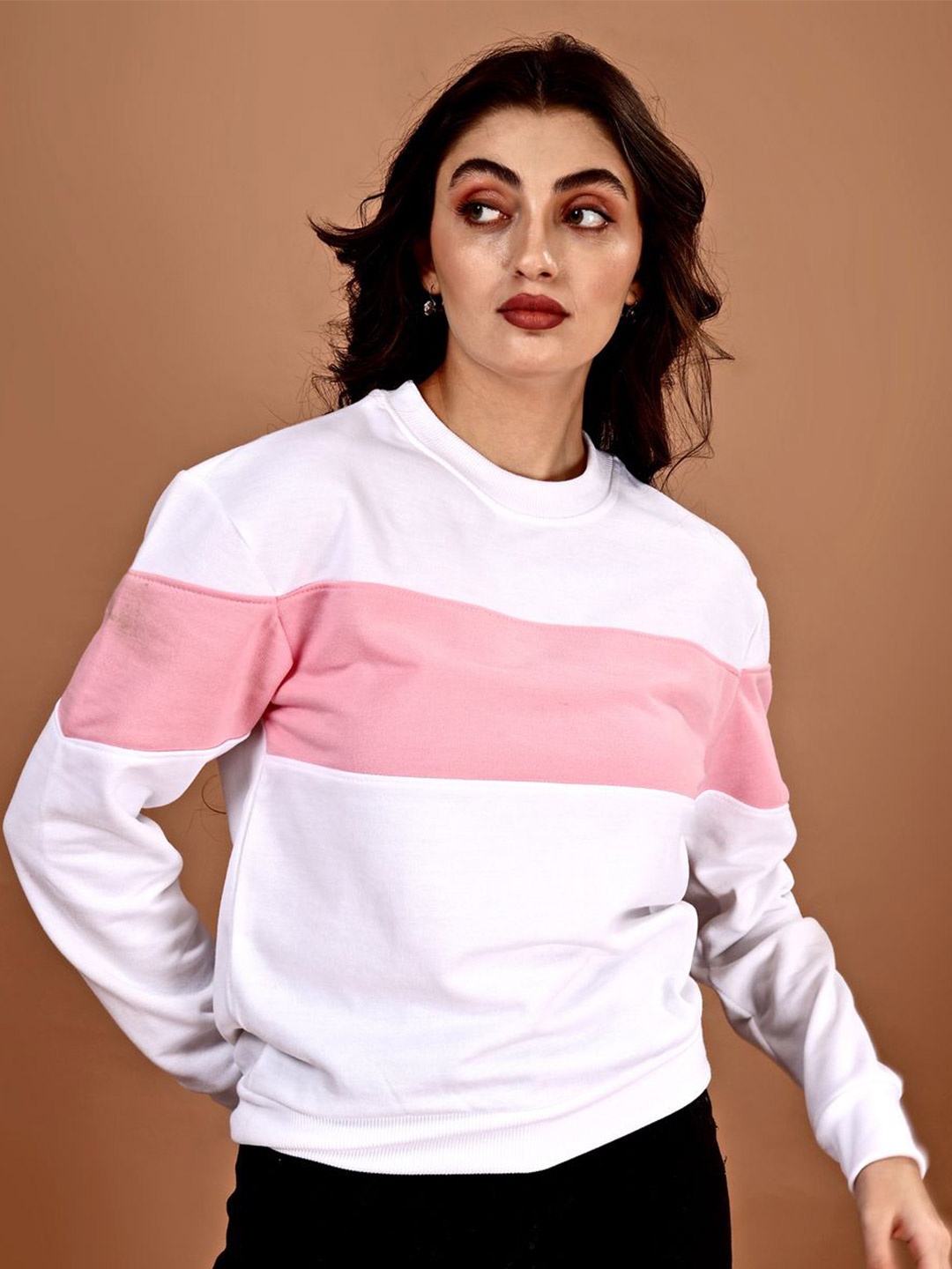 

shriez Women Colourblocked Round Neck Sweatshirt, Pink
