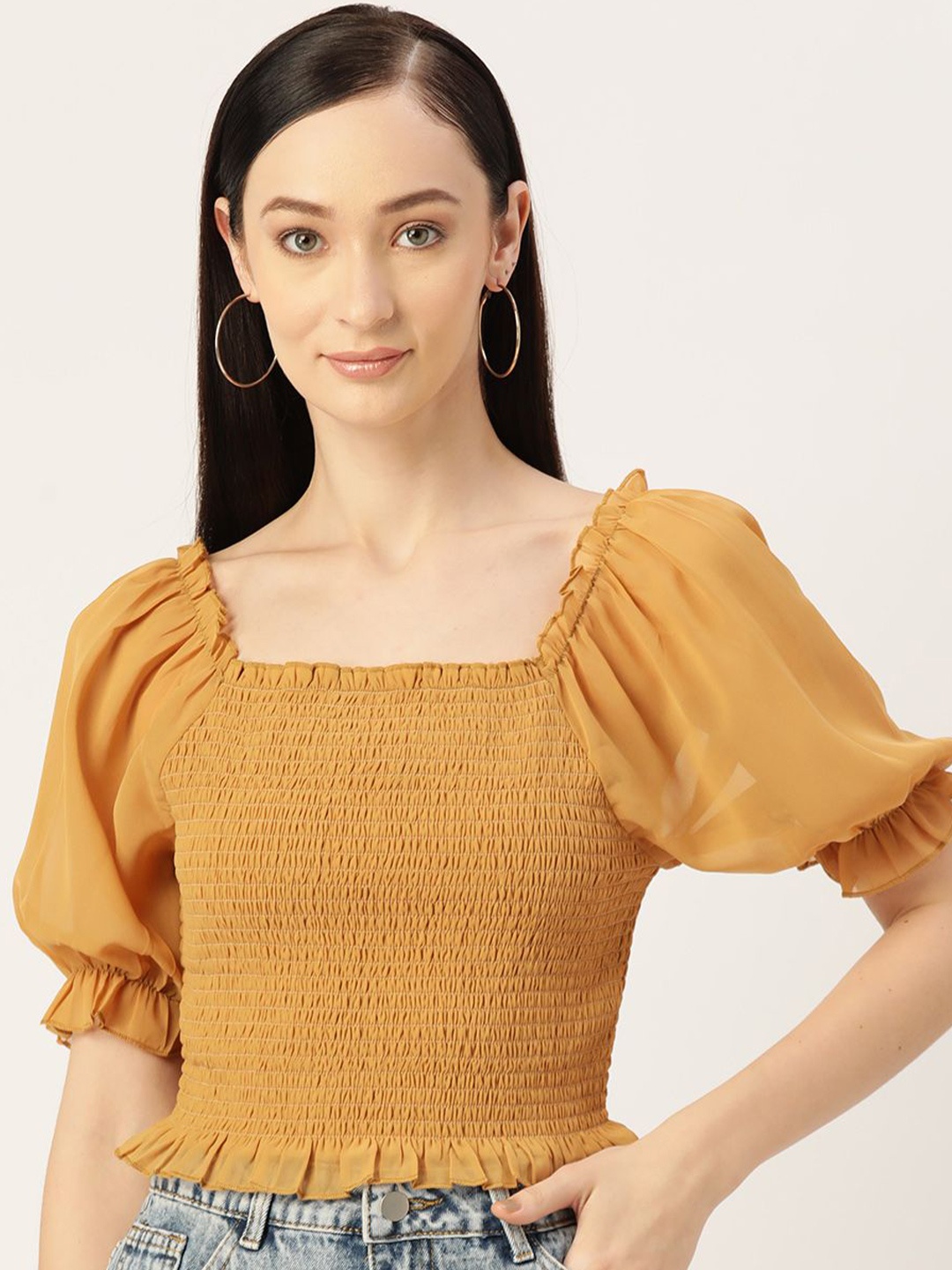 

Moda Rapido Puff Sleeve Smocked Detail Georgette Crop Top, Yellow