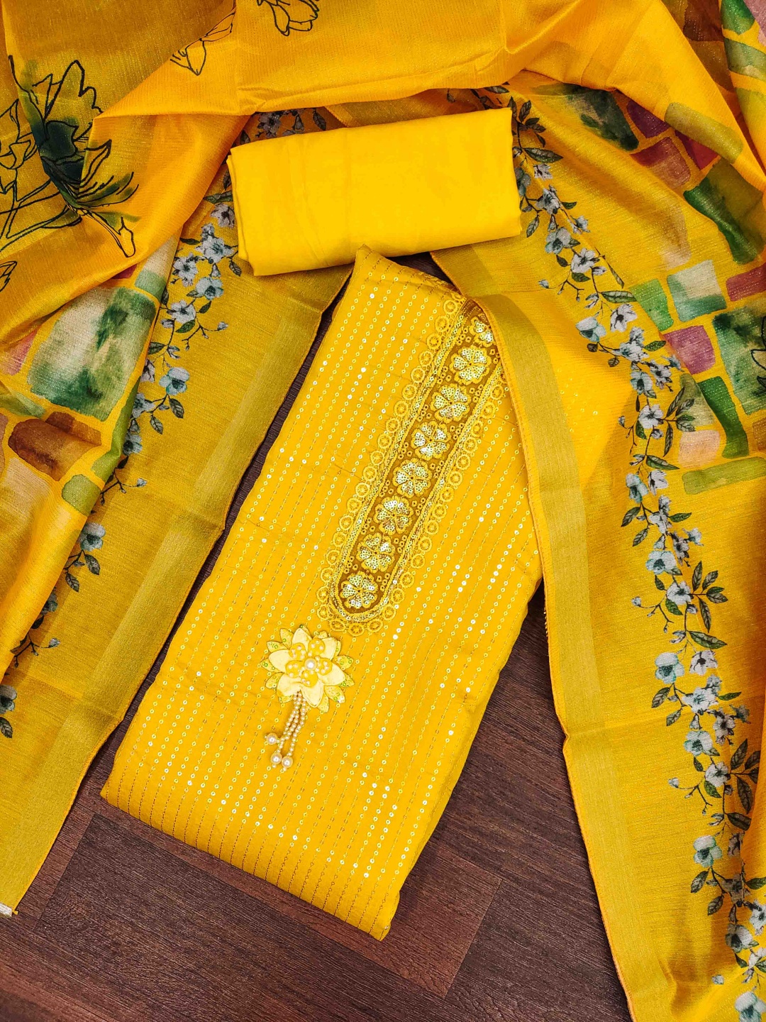 

Blissta Floral Embellished Sequinned Roman Silk Unstitched Dress Material, Yellow