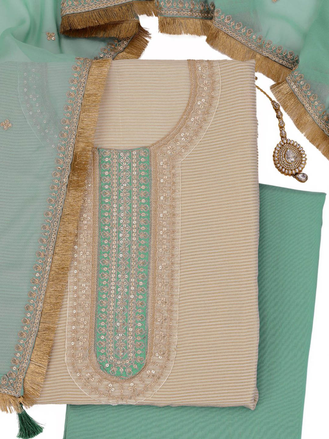 

KULEESH Floral Embellished Zari Work Semi-Stitched Dress Material, Cream