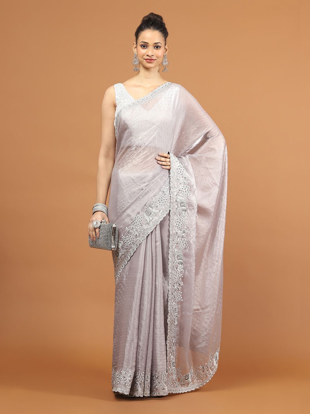 

Meena Bazaar Embellished Embroidered Organza Saree, Grey