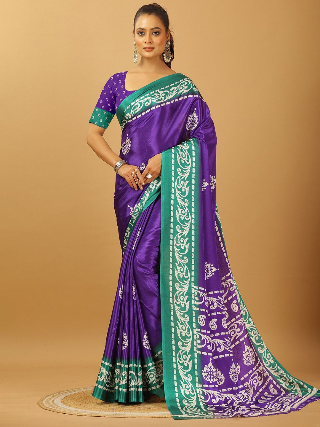 

A.V.M. SILK MILLS Ethnic Motifs Printed Pure Crepe Saree, Purple