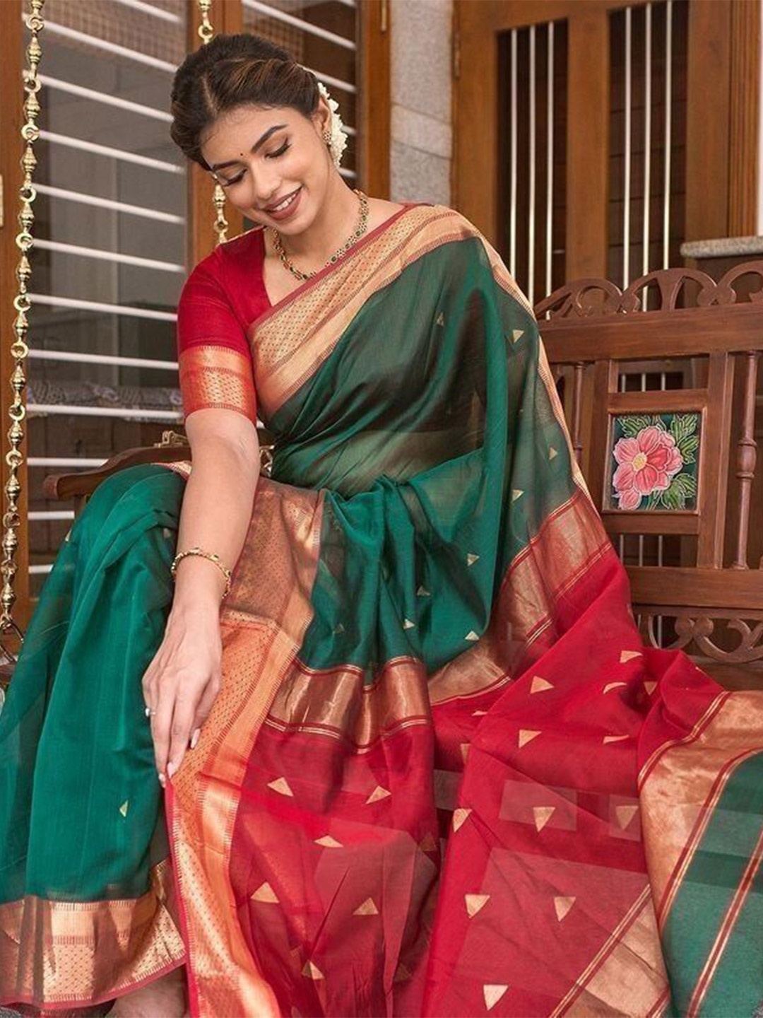 

bansari textiles Woven Design Zari Kanjeevaram Saree, Green