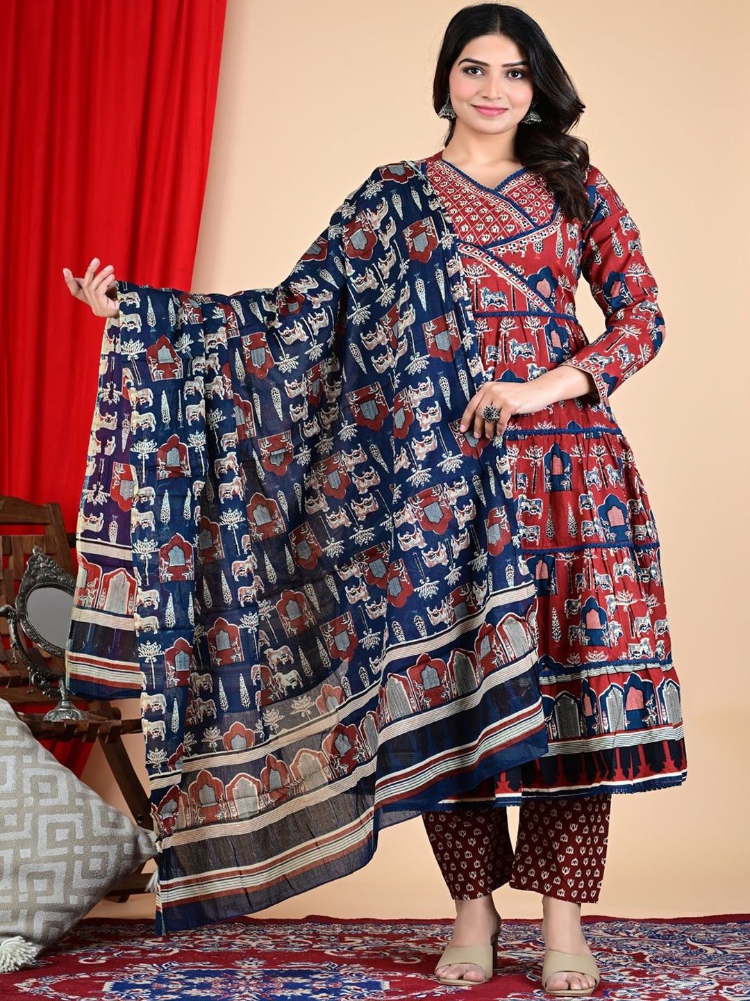 

Divsy Fashion Ethnic Motifs Printed V-Neck Tiered Anarkali Kurta With Pyjamas & Dupatta, Maroon