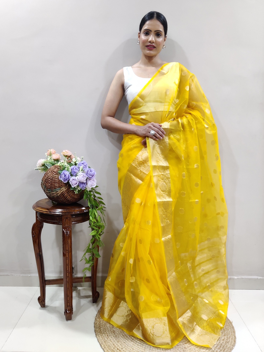 

bansari textiles Polka Dots Woven Design Zari Pure Silk Saree, Yellow