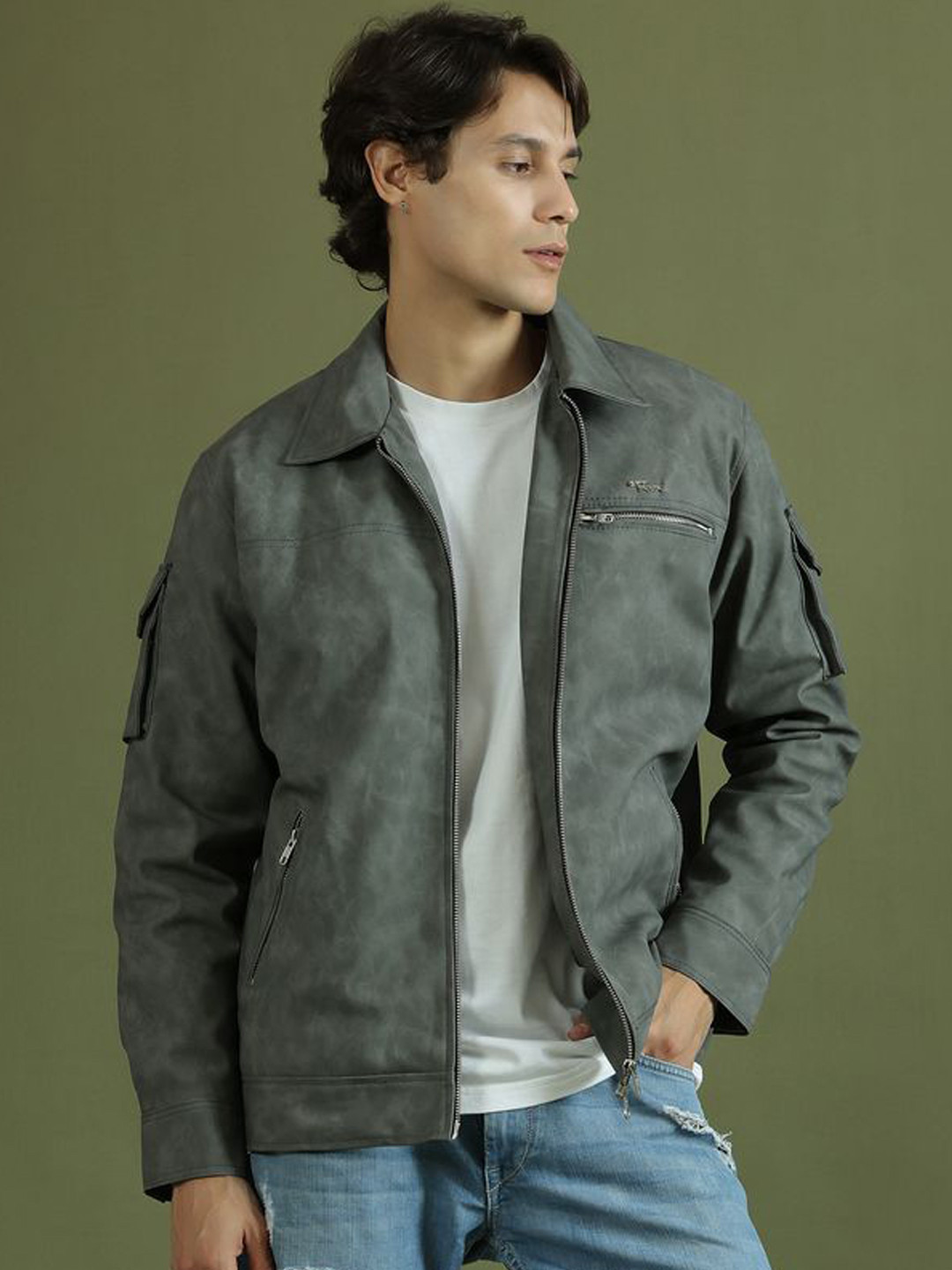 

TAG 7 Men zenith'24 Spread Collar Solid Casual Leather Jacket, Grey