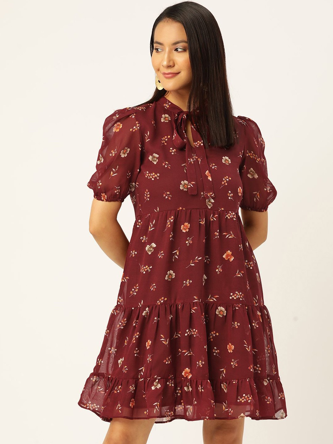 

Moda Rapido Floral Print Tie-Up Neck Puff Sleeve Georgette A-Line Dress, Maroon