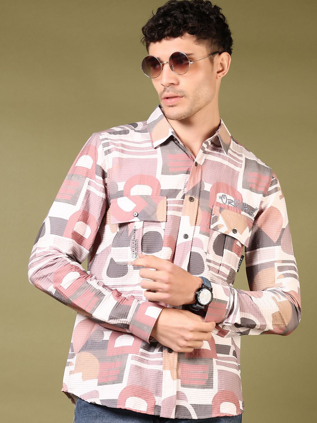 

V-Mart Men Spread Collar Abstract Printed Cotton Casual Shirt, Peach