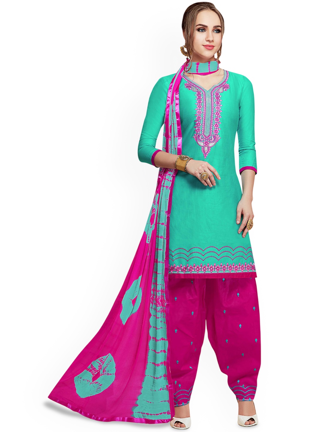 

HERE&NOW Floral Embroidered Cotton Unstitched Dress Material, Sea green