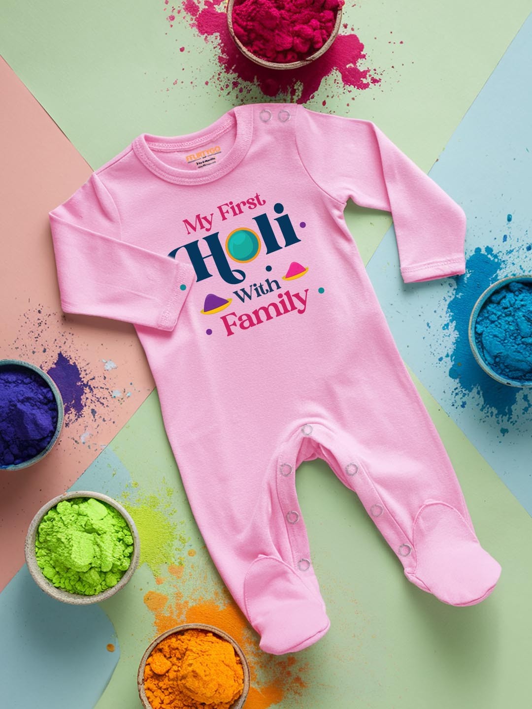 

FFLIRTYGO Infants Holi Printed Cotton Sleepsuit, Pink