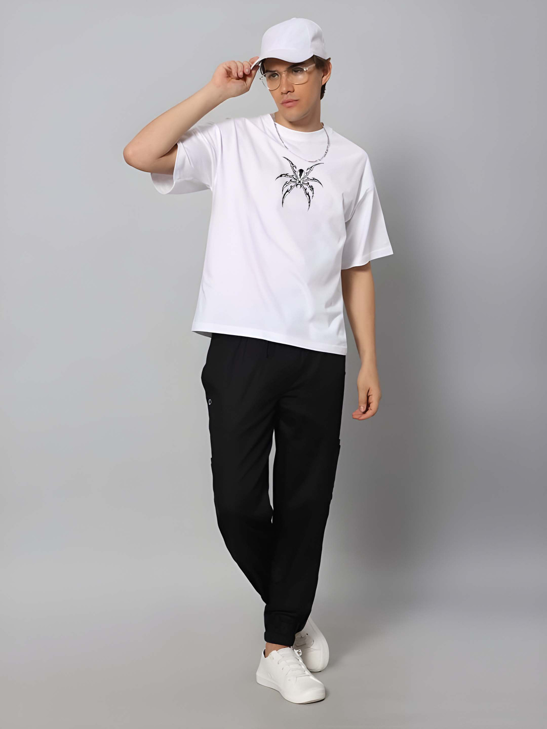 

Krimmple Men Graphic Printed Round Neck Cotton Oversized T-shirt, White