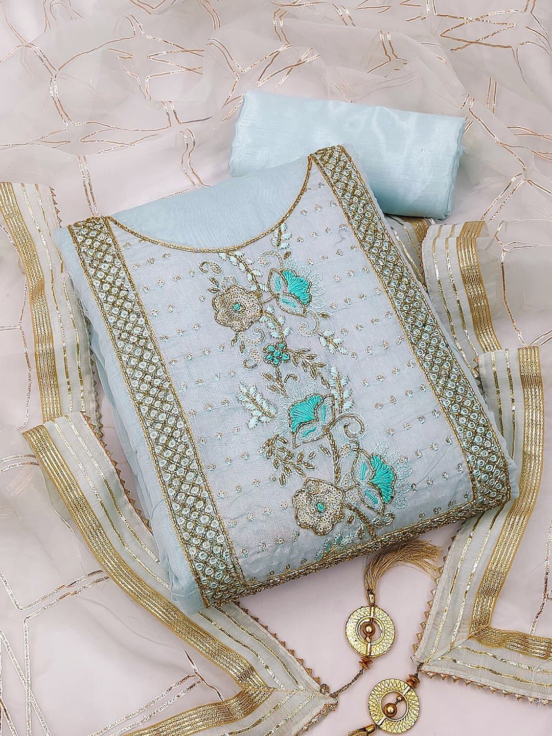 

KALINI Floral Embroidered Sequinned Chanderi Silk Unstitched Dress Material, Blue