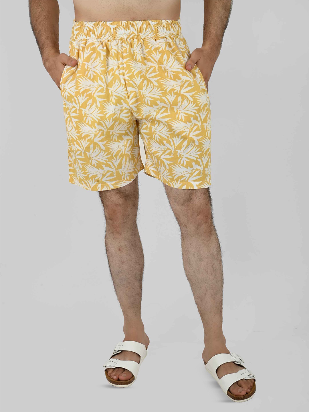 

Blissence Men Printed Cotton Lounge Shorts, Yellow