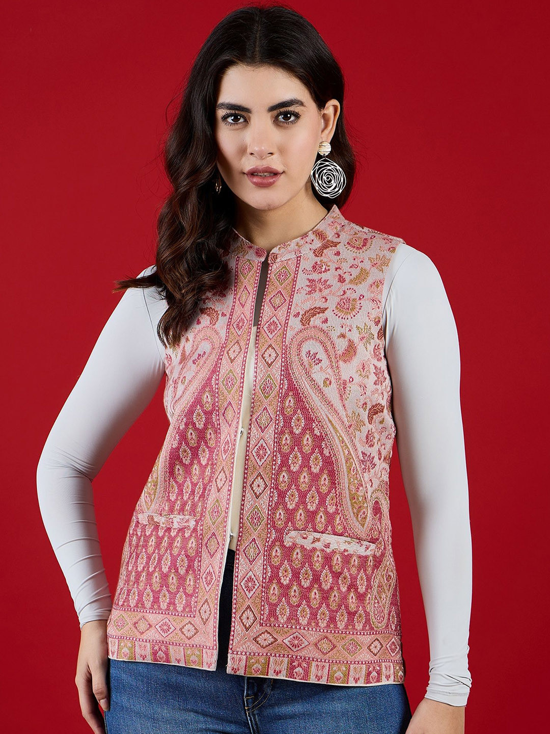 

SAHASIKA Women Mandarin Collar Floral Printed Woollen Casual Tailored Jacket, Pink