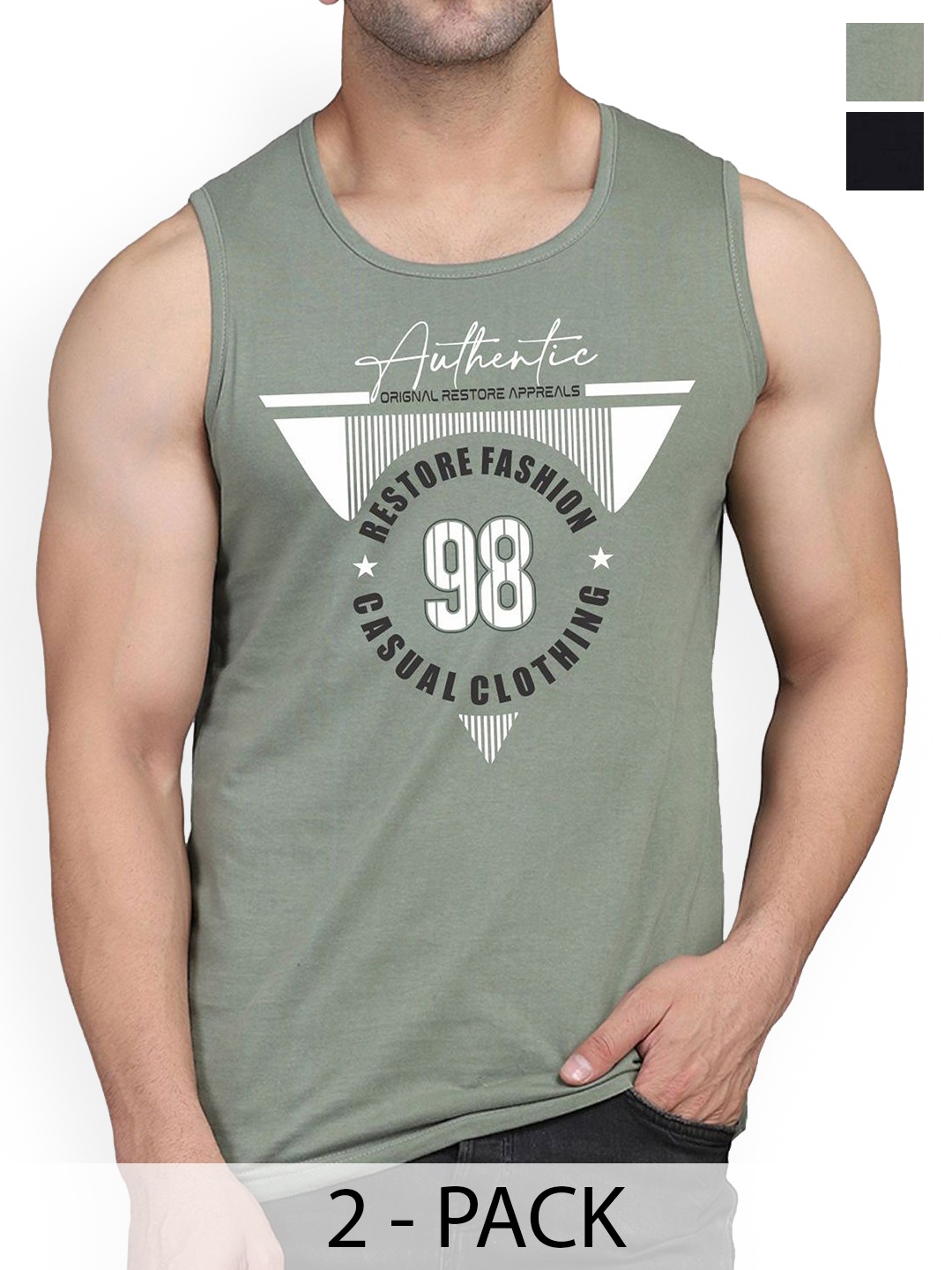 

WOOSTRO Men Pack Of 2 Printed Cotton Innerwear Gym Vests, Green