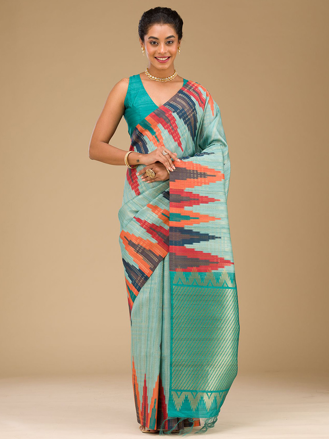 

Koskii Woven Design Sky Blue Printed Art Silk Saree