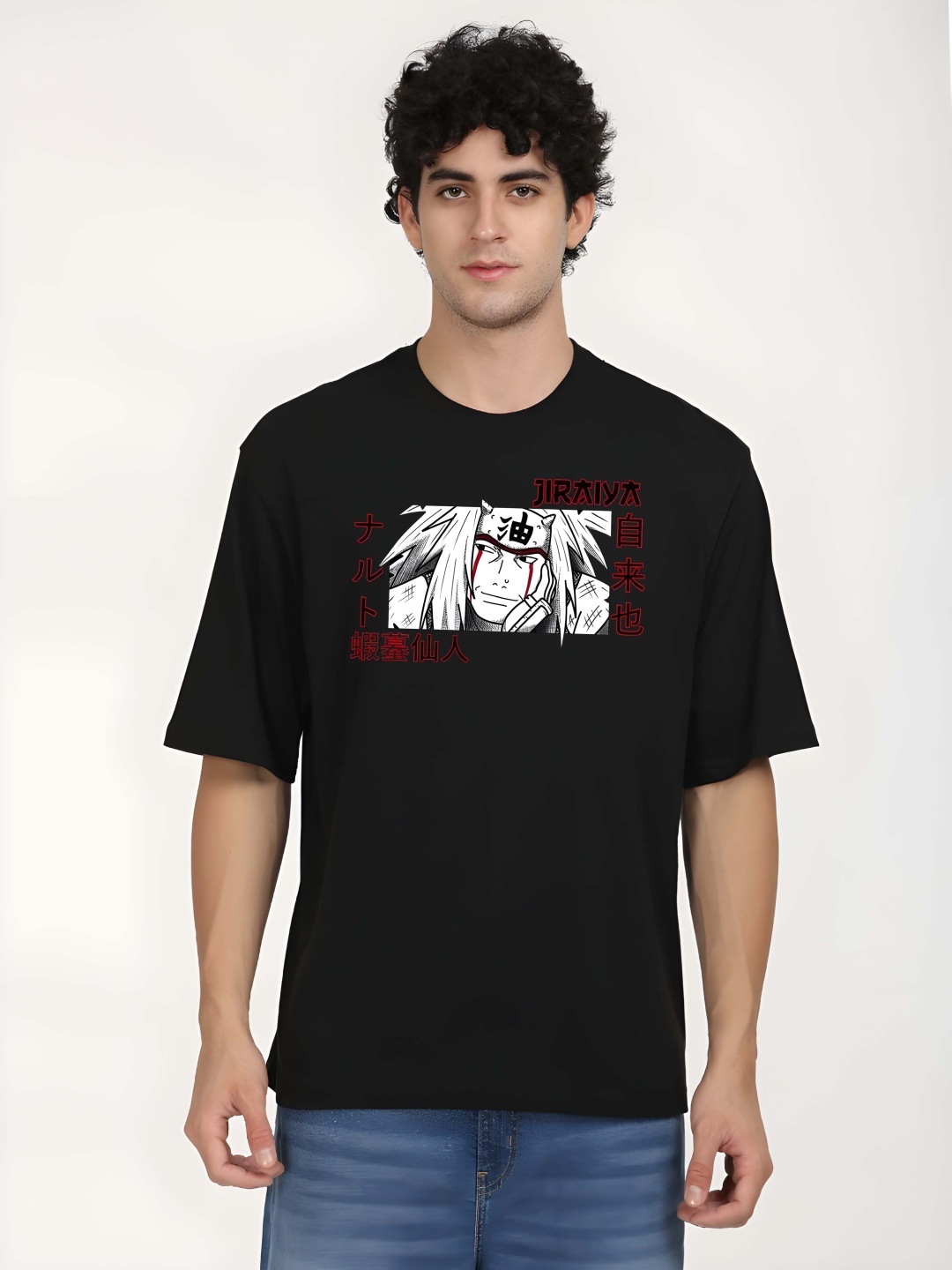 

BOWLIFESTYLE Men Naruto Graphic Printed Round Neck Cotton Oversized T-shirt, Black