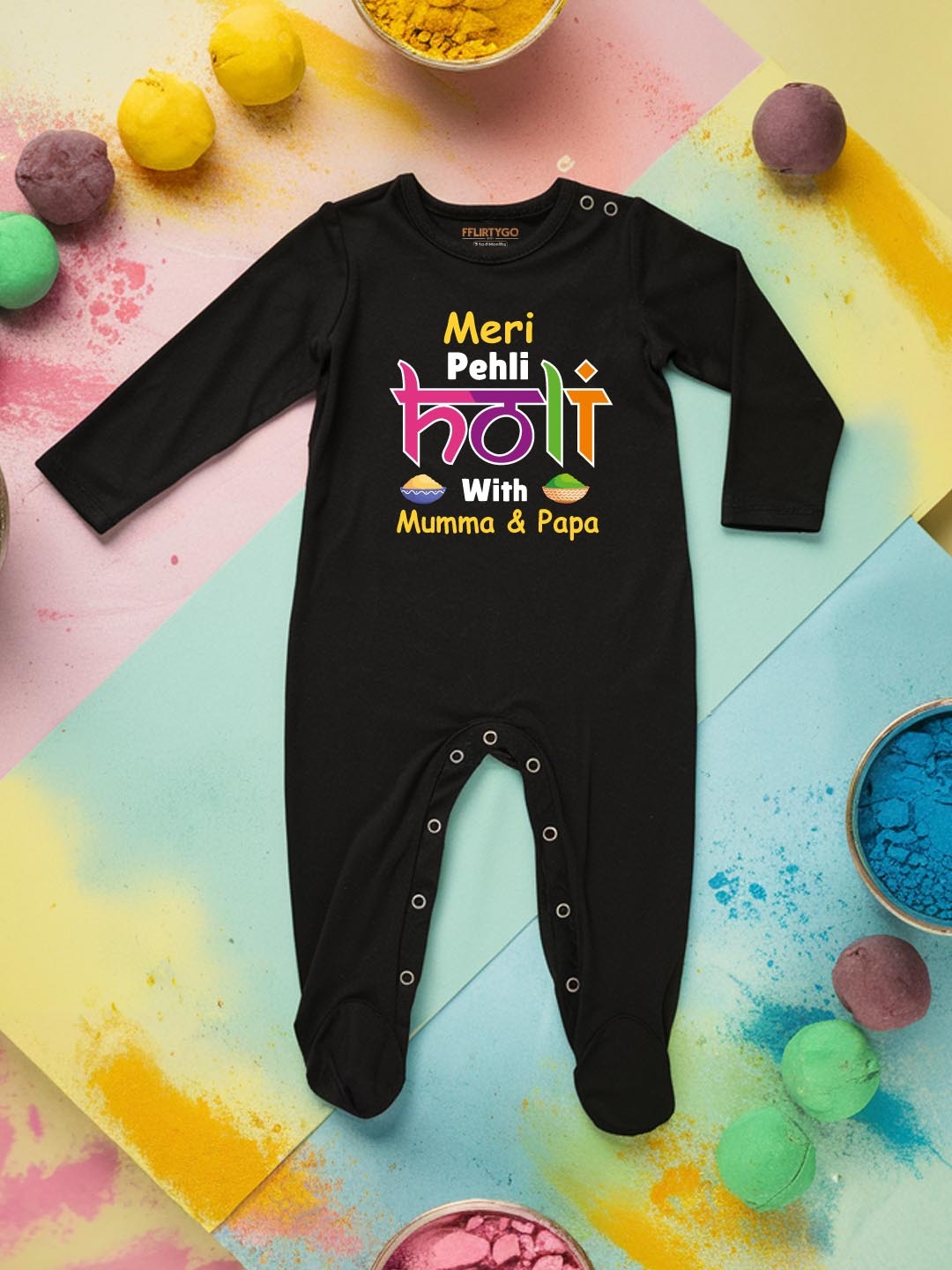 

FFLIRTYGO Infants Holi Printed Pure Cotton Sleepsuit, Black