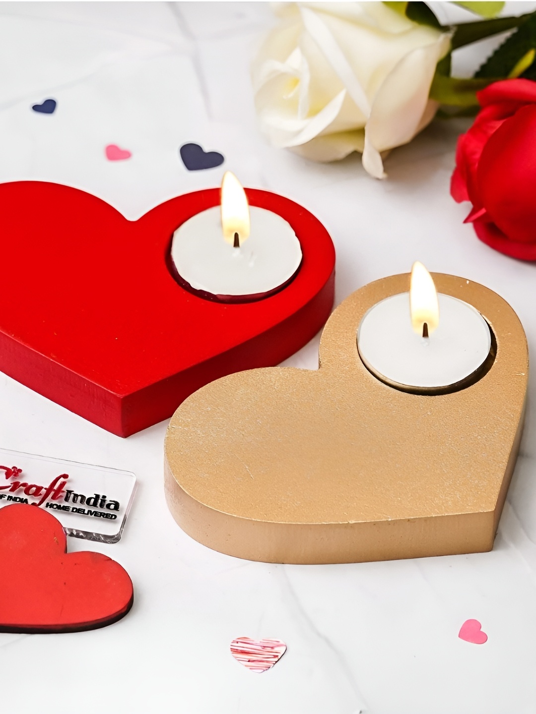 

eCraftIndia Red & Gold-Toned 2 Pieces Heart Shaped Wooden Tea Light Candle Holders