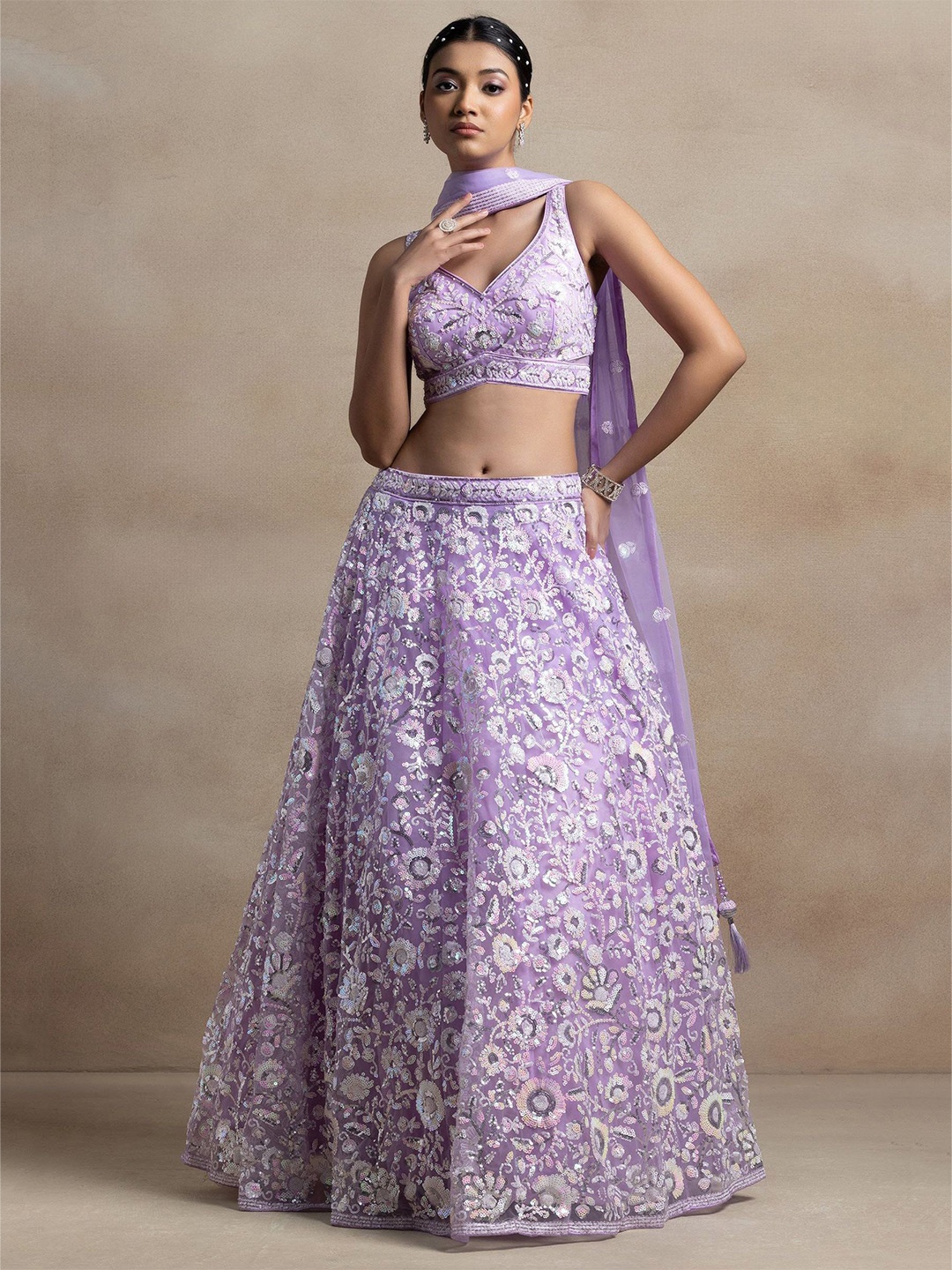 

FABPIXEL Embroidered Sequinned Semi-Stitched Lehenga & Unstitched Blouse With Dupatta, Lavender