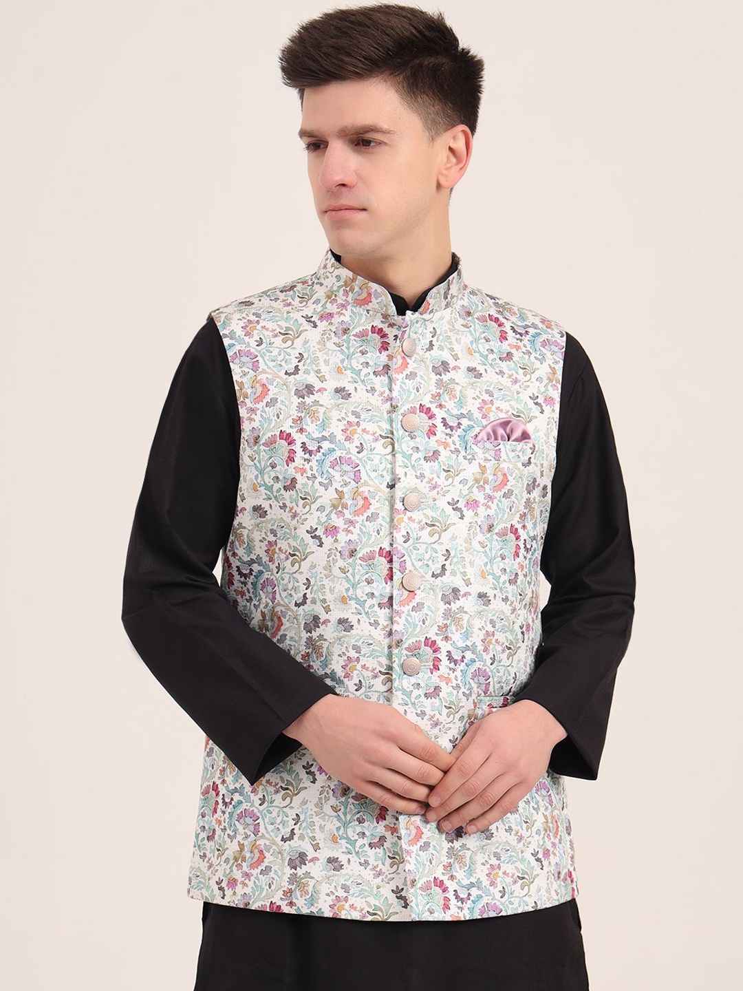 

JB STUDIO Men Floral Printed Nehru Jacket, White