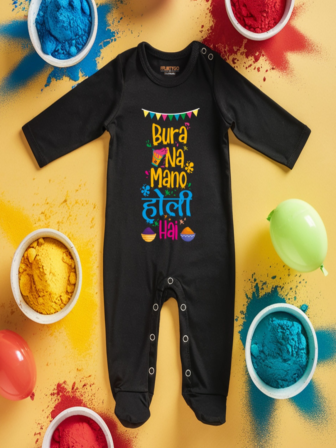 

FFLIRTYGO Infants Holi Printed Pure Cotton Sleepsuit, Black