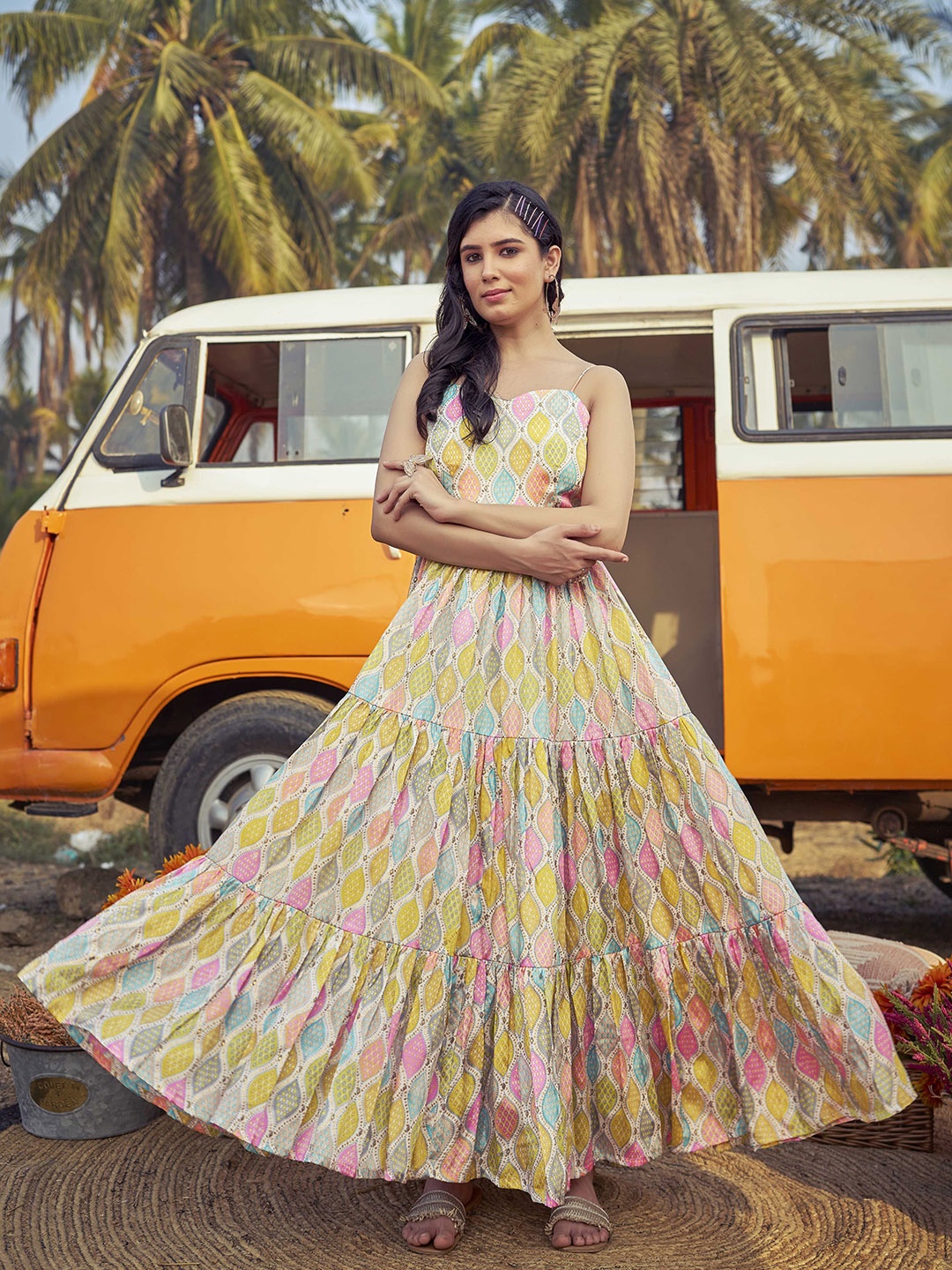 

Chandbaali Women Fit & Flare Maxi Ethnic Dresses, Off white