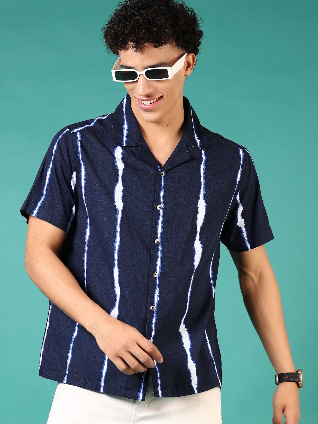 

V-Mart Men Cuban Collar Vertical Striped Cotton Casual Shirt, Navy blue